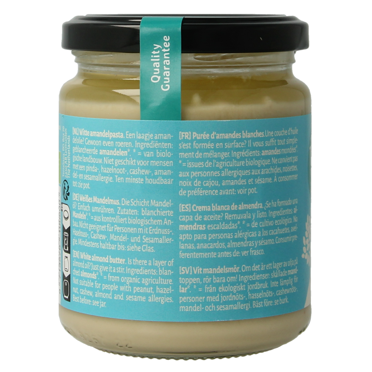 TerraSana bio white almond paste spread on bread, 250g, natural almond-based breakfast or snack option.