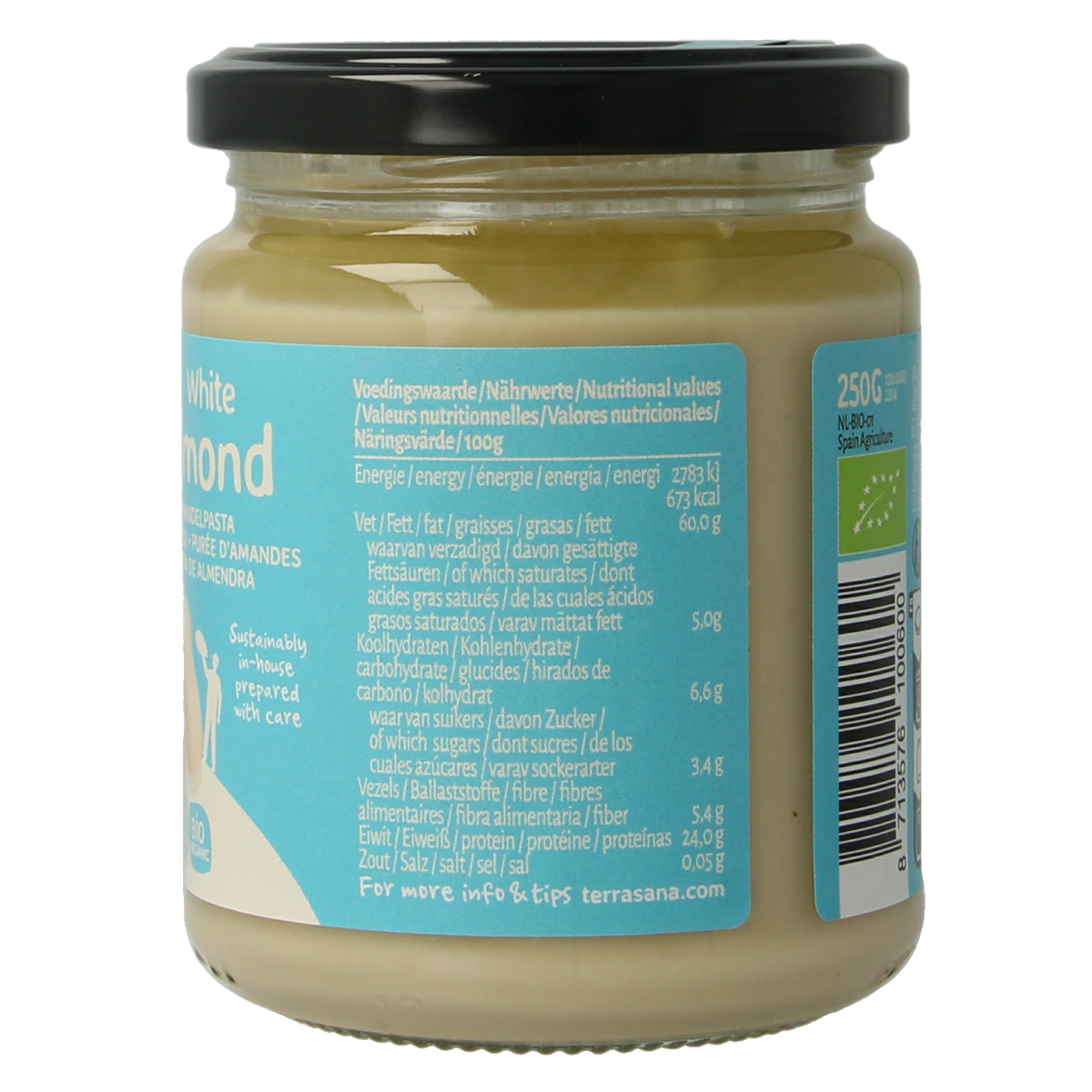 Organic TerraSana white almond butter spread on bread in a jar, 250g, creamy almond paste perfect for breakfast or snacks.