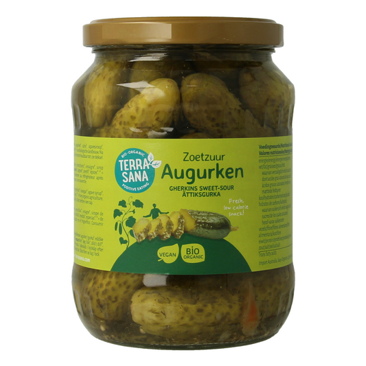 Jar of TerraSana organic sweet and sour pickles with cucumbers, in a 670g glass jar, showing fresh pickles inside.