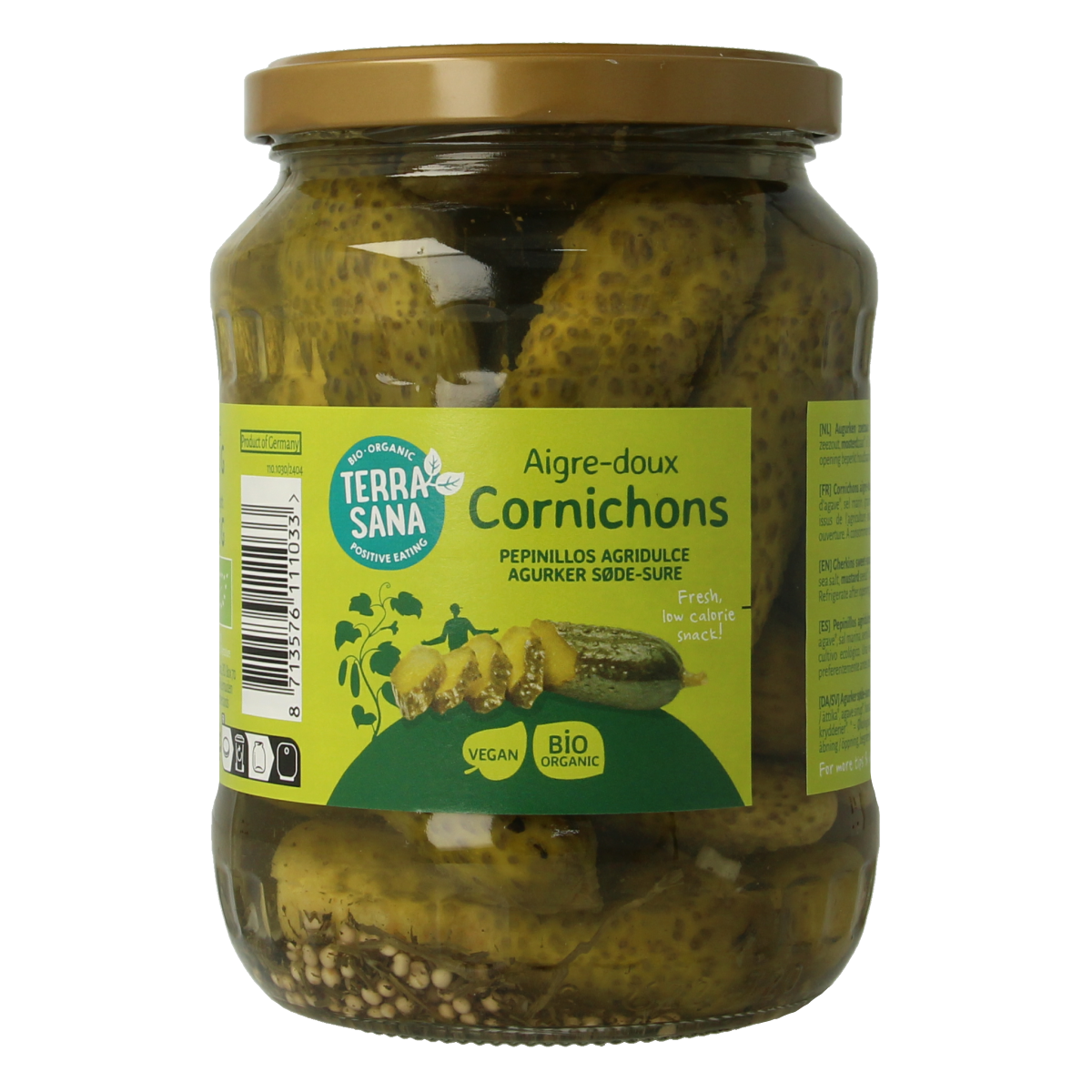 TerraSana bio sweet and sour pickled gherkins in a 670g jar, featuring fresh, crisp green gherkins packed in brine.