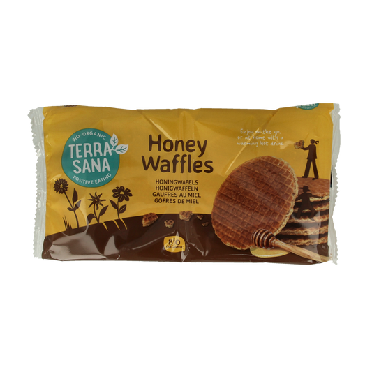 TerraSana bio honingwafels koeken in a 175g package, golden-brown crispy honey-flavored biscuits with a textured surface.