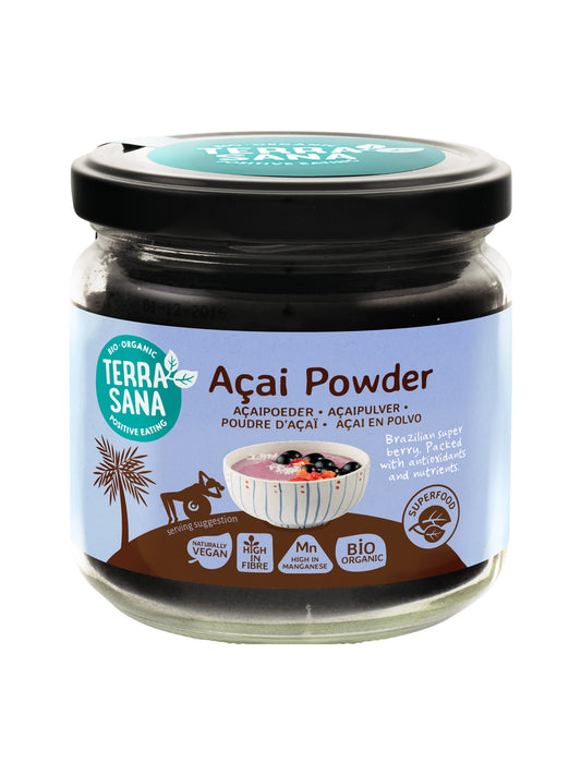 TerraSana organic super acai powder in a 140g package, raw superfood with vibrant purple acai berries and powder inside.