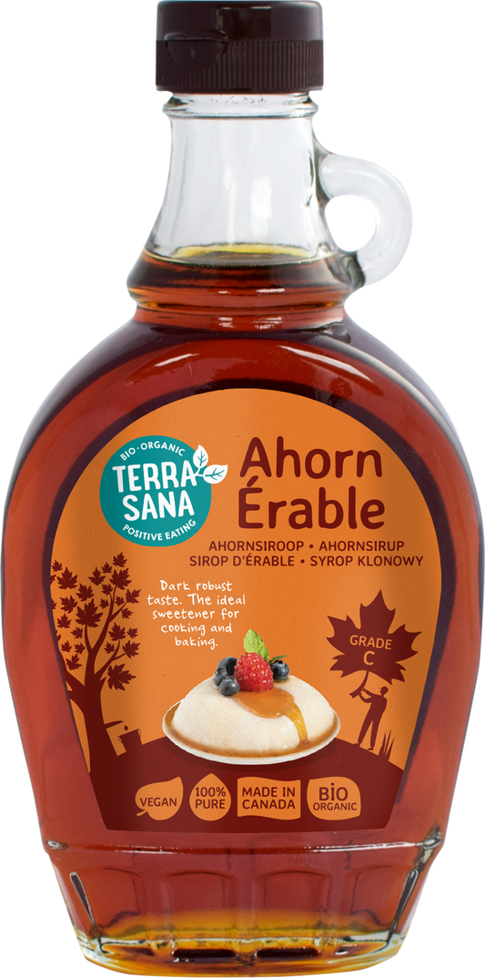 TerraSana Ahornsiroop graad C bio in 250ml bottle, natural maple syrup for sauces and flavoring, organic and pure.