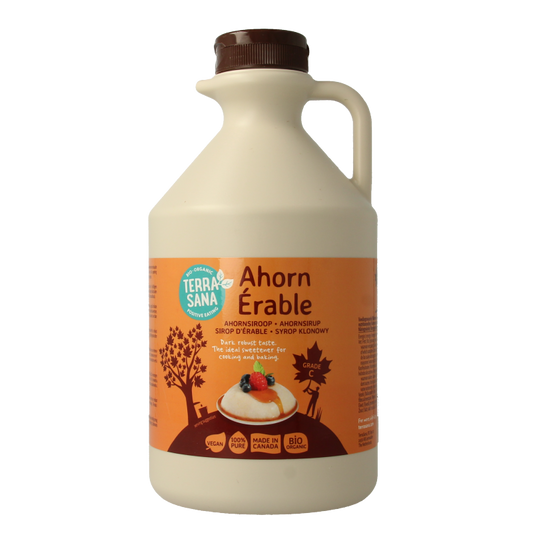 Organic TerraSana Ahornsiroop graad C in a 1-liter bottle, showcasing rich amber color and natural syrup texture.