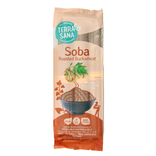 Roasted organic buckwheat soba pasta from TerraSana in a 250g package, ideal for gluten-free and healthy Asian dishes.