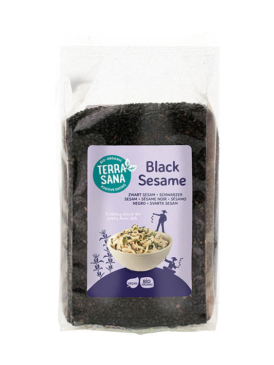 TerraSana zwart ongepeld biologisch sesamzaad, raw superfood, in 175g verpakking, close-up of black sesame seeds