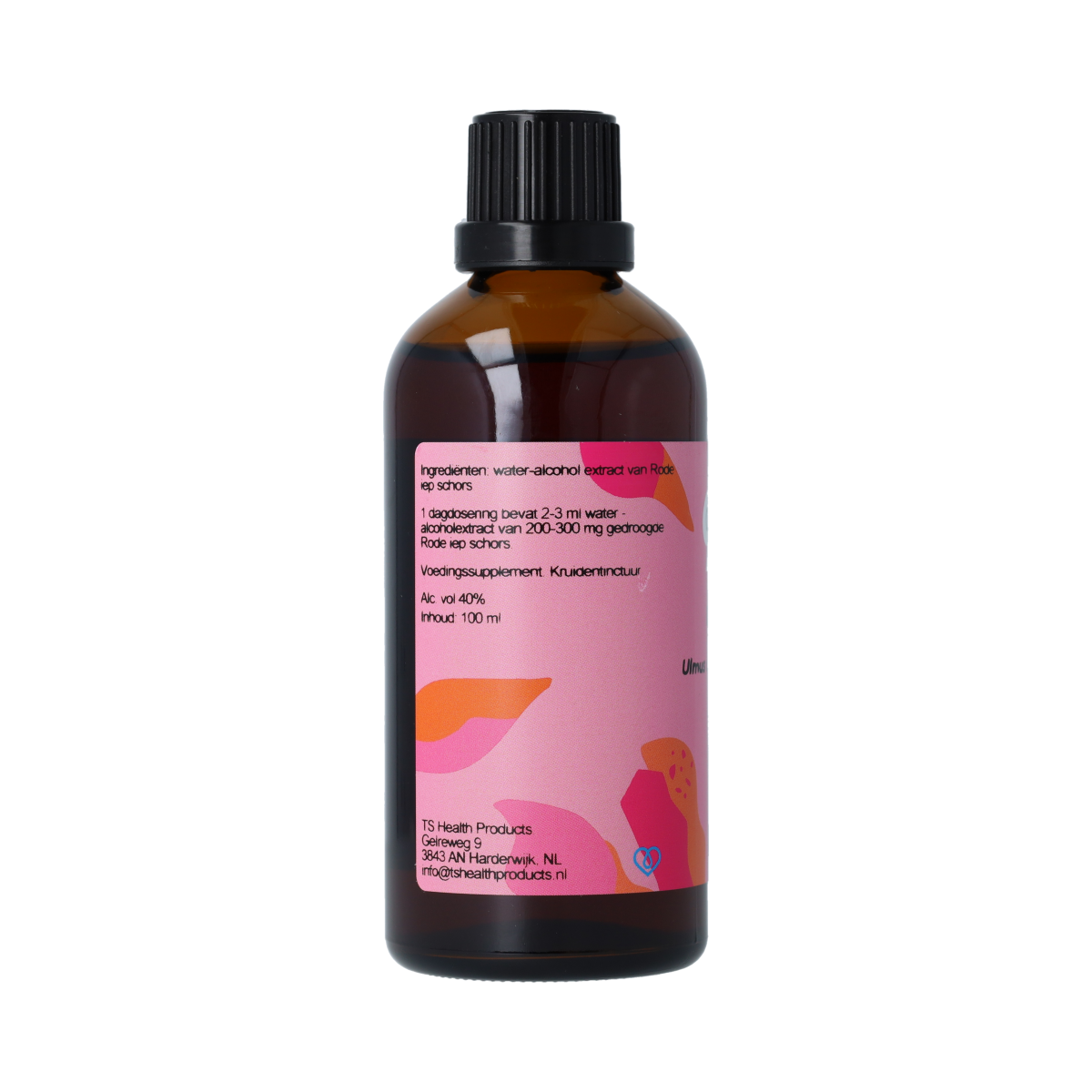 De Cruydhof Ulmus campestre rubra tinctuur in een 100 ml fles, kruidenpreparaat met rode iep extract, op een witte achtergrond.