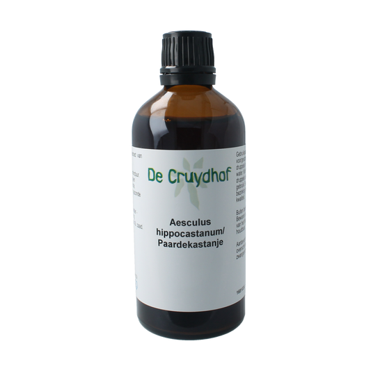 Cruydhof Aesculus hippocastan/paardenkastanje tinctuur in 100ml bottle, herbal remedy for vein health, with label and dropper cap.