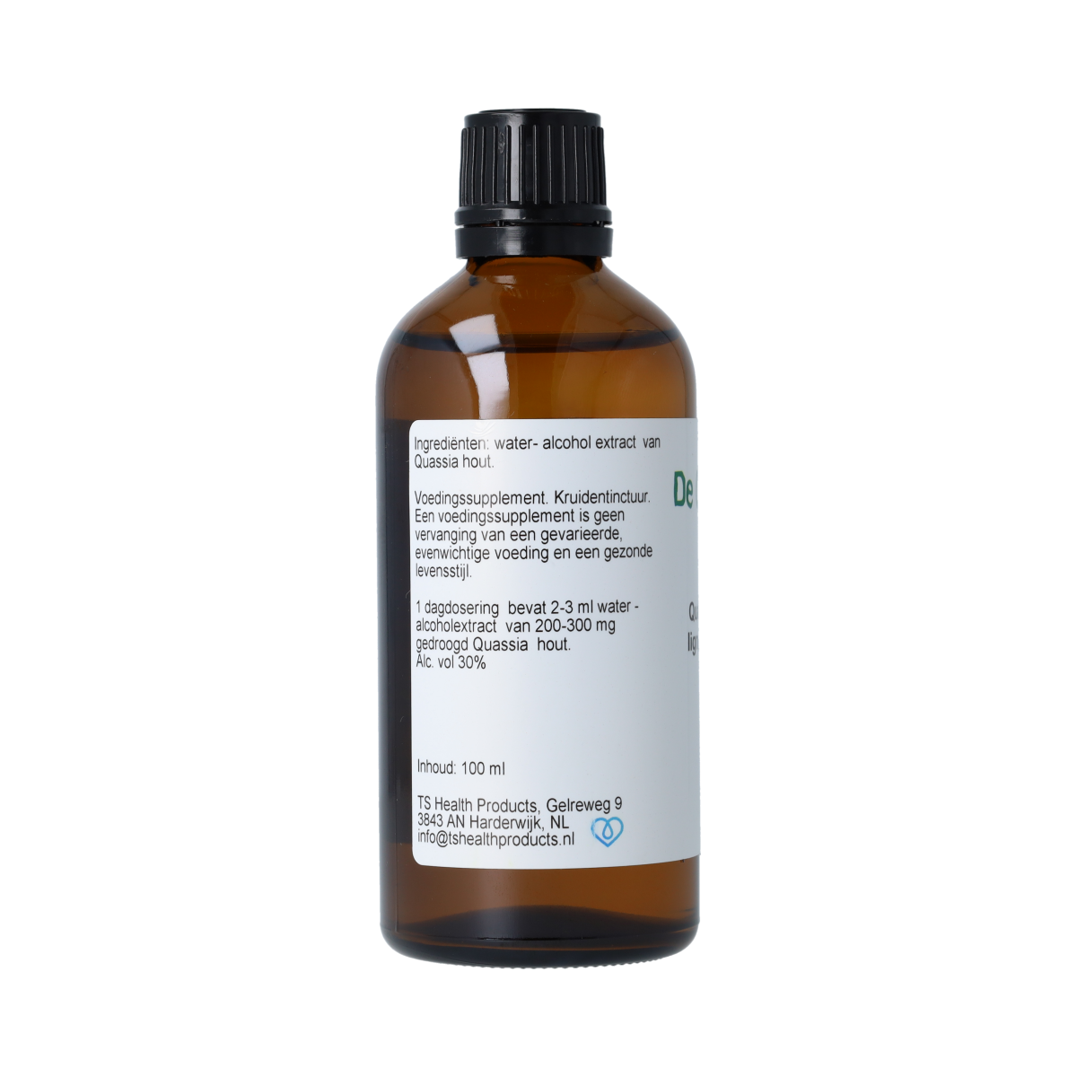 Cruydhof Quassia amara lign tinctuur bottle, herbal preparation, 100ml, with label and dark glass container on a neutral background.