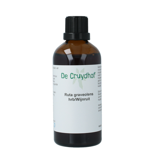 Cruydhof Ruta graveolens herb tincture in a 100ml bottle, herbal remedy from Cruydhof, with herbs and dropper cap visible.
