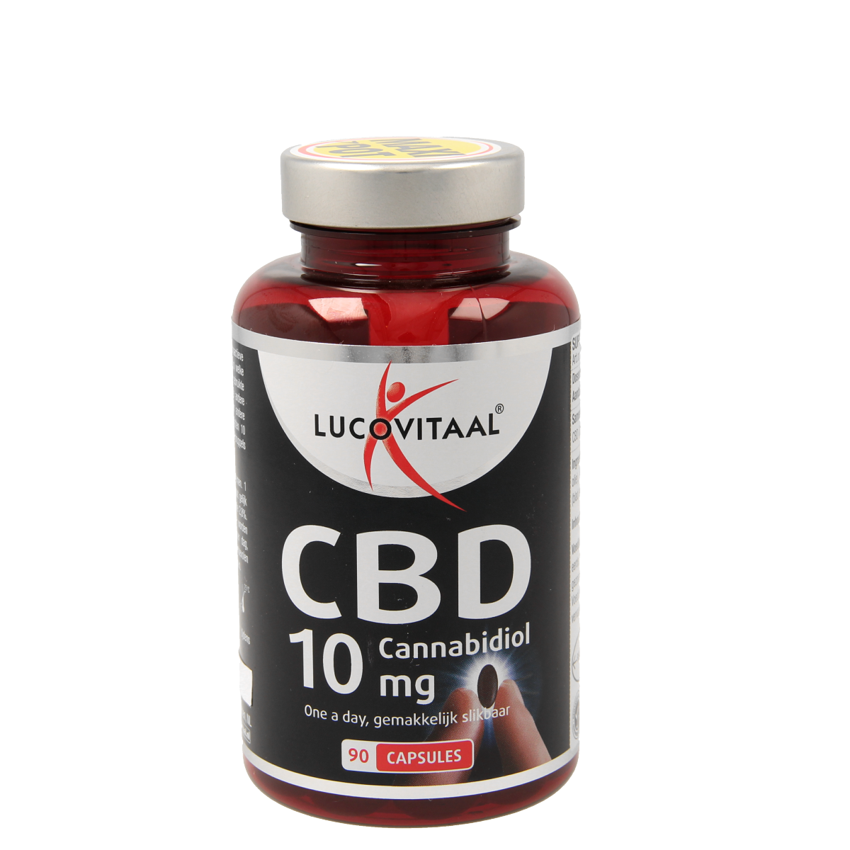 Lucovitaal CBD 10mg capsules, herbal supplement in a bottle, with 90 capsules for wellness and relaxation.
