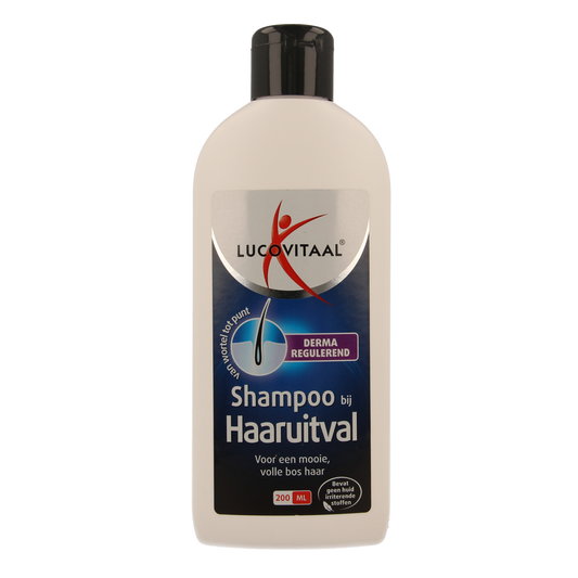 Lucovitaal haaruitval shampoo in 200ml bottle, haircare product designed to reduce hair loss and strengthen hair.