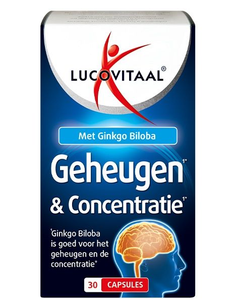 Lucovitaal Geheugen & Concentratie capsules, dietary supplement with omega fatty acids, in a blister pack.