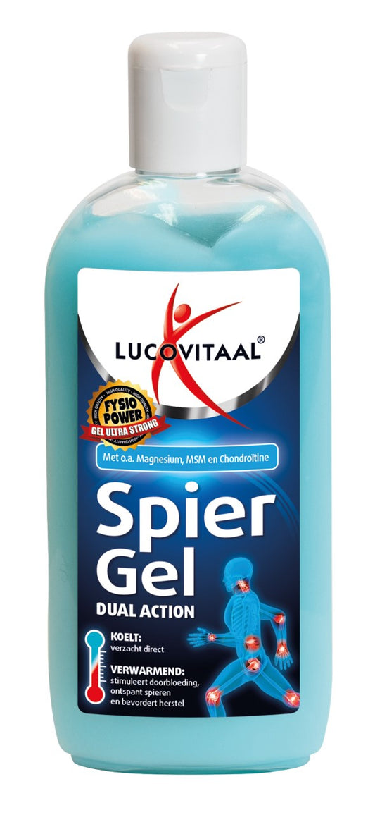 Lucovitaal spiergel 250ml for muscle and joint care, showing the gel tube with brand label and product information.