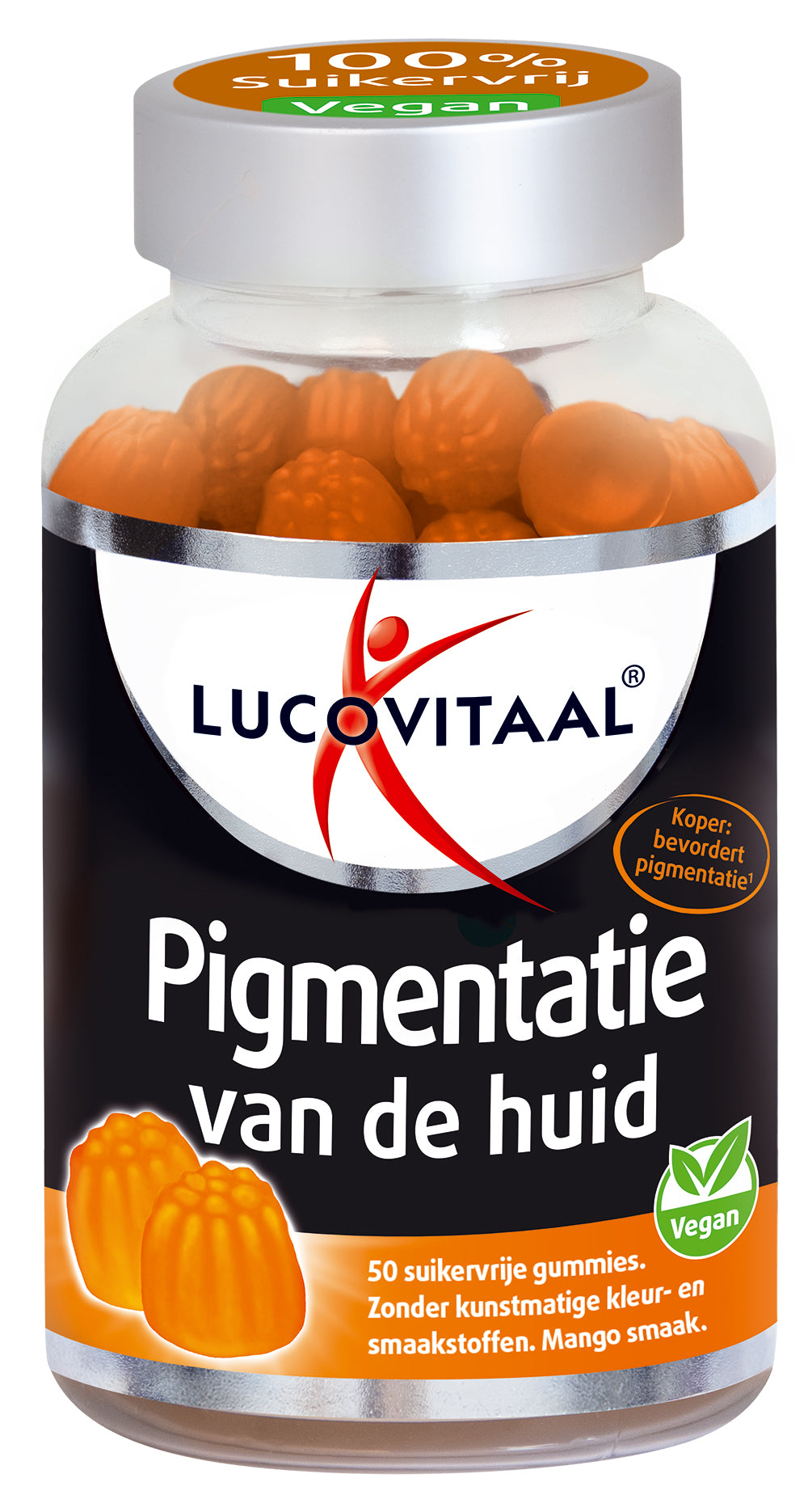 Lucovitaal Pigmentatie van de huid gummies, multi-vitamine supplement in een pot met 50 stuks op de afbeelding.