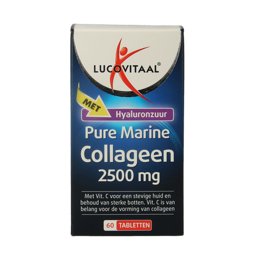 Lucovitaal Collageen Pure Marine supplement in a bottle of 60 tablets, herbal preparation for skin and joint support.