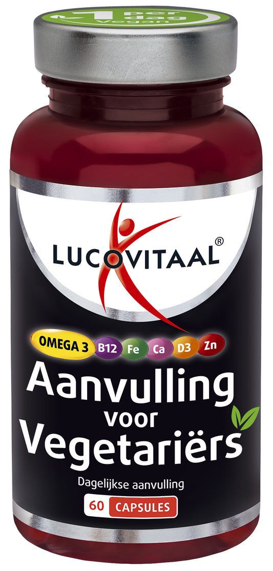 Lucovitaal vegetarian supplement capsules in a label-based bottle, showcasing herbal preparation for vegetarians.