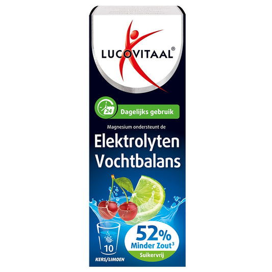 Lucovitaal Elektrolyten bruistabletten, dagelijks gebruik, mineralen multivitaminen, dissolverende tabletten in een glas water