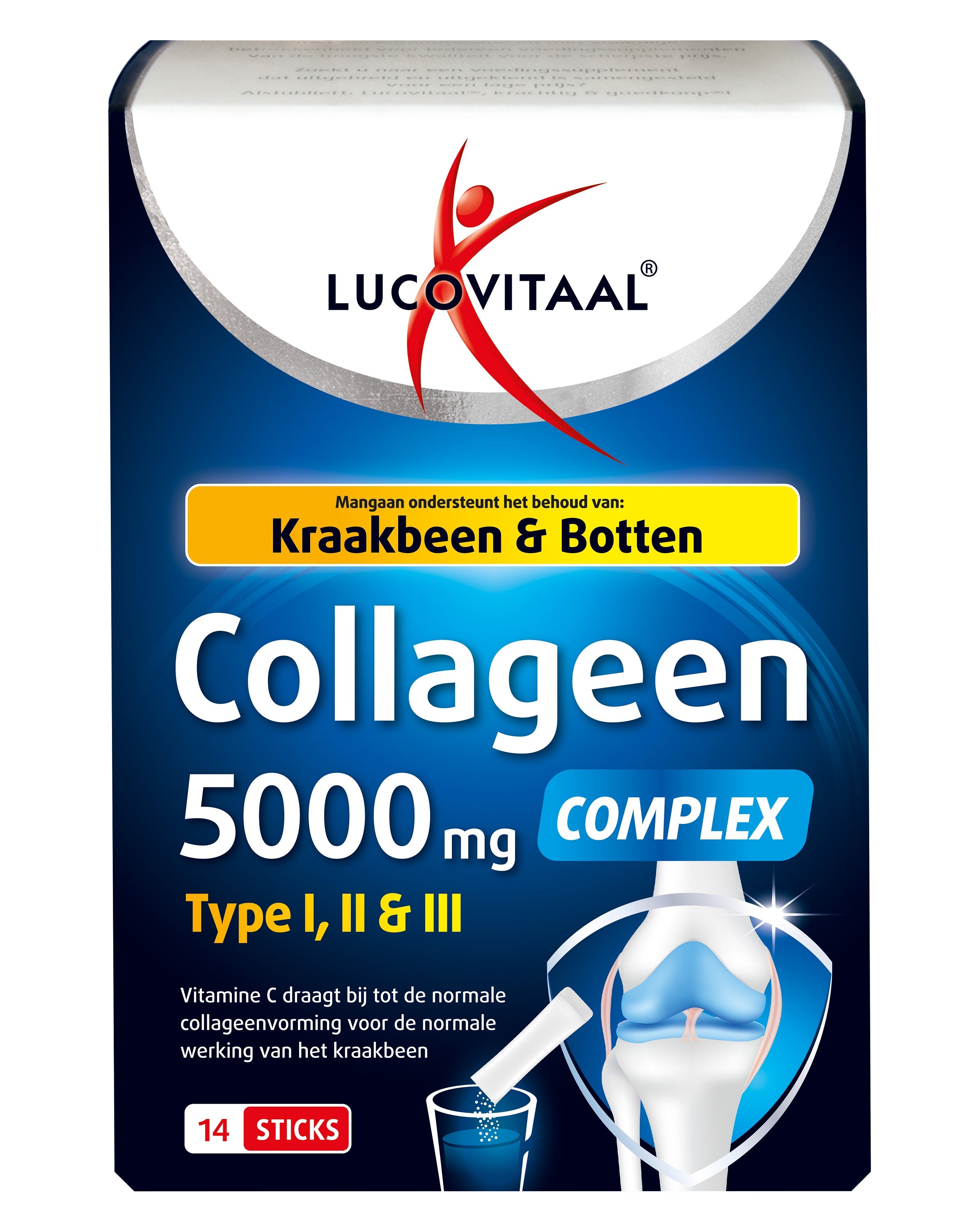 Lucovitaal Collageen Complex 5000mg sticks, 14-pack, showing individual collagen supplement sticks in packaging.