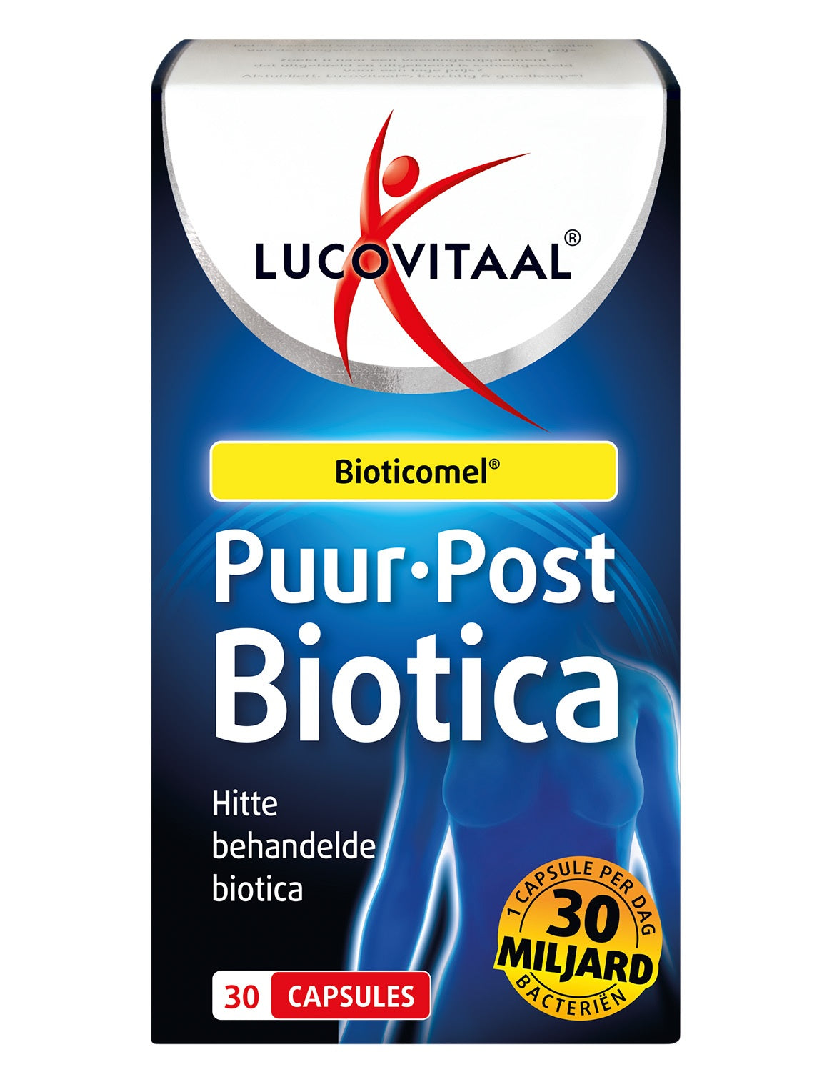 Bottle of Lucovitaal Puur Post Biotica capsules containing micro-organisms, with 30 capsules in the jar.