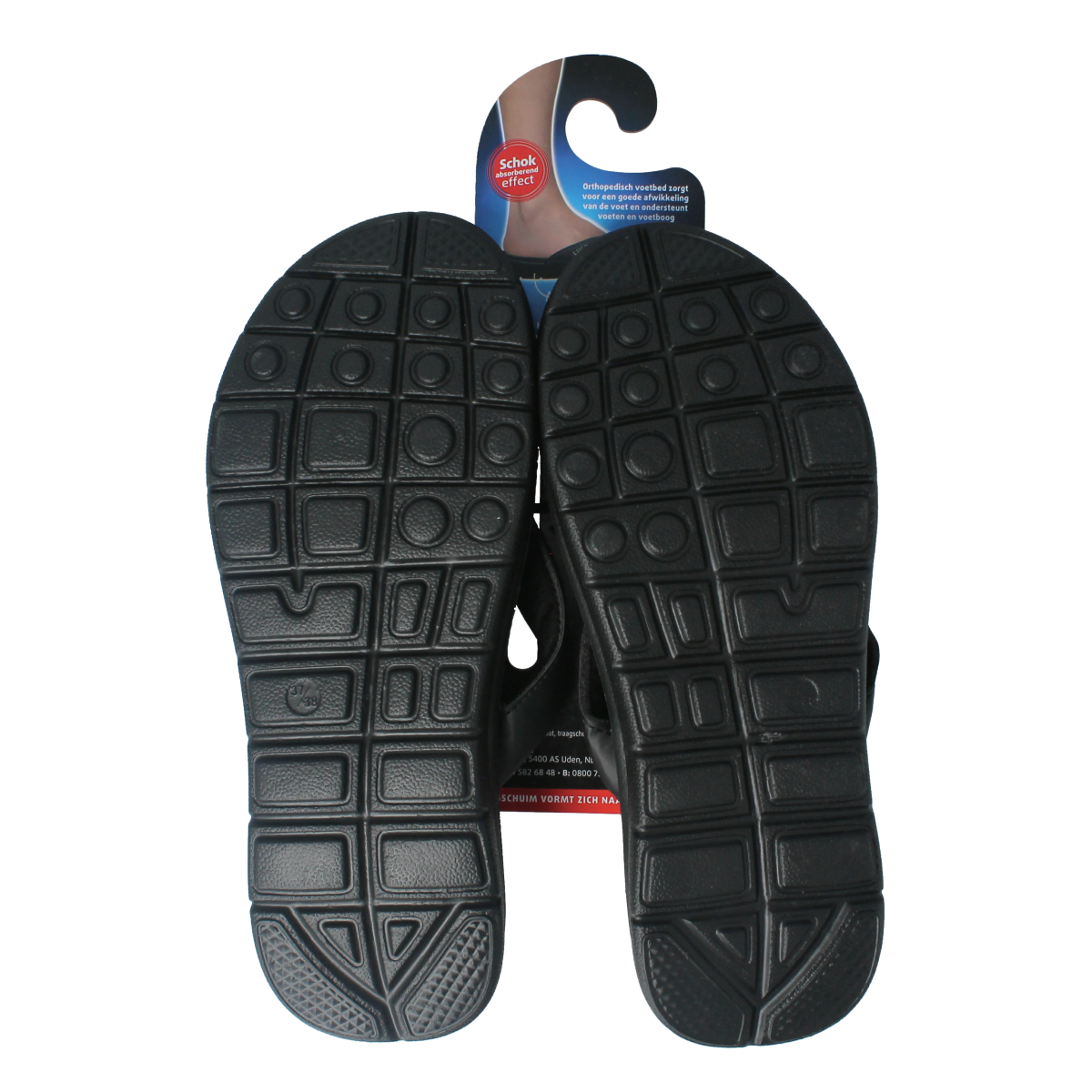 Black Lucovitaal orthopedic slippers size 37-38, pair of comfortable slip-ons for foot support and everyday wear.