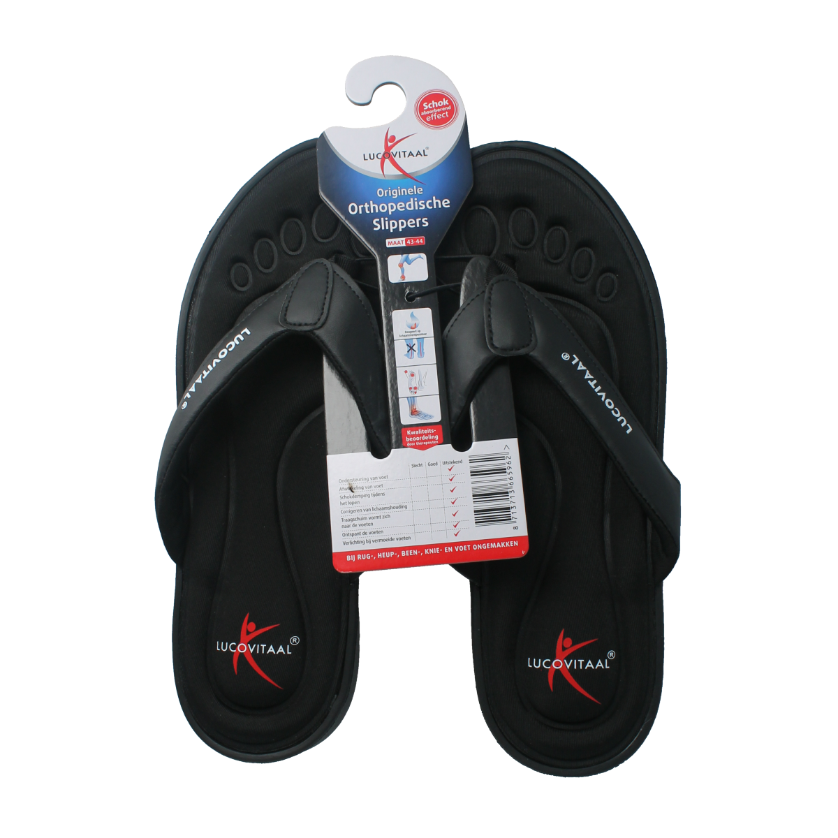 Black Lucovitaal orthopedic slippers in size 43-44, featuring comfortable design, shown in pair on a plain background.