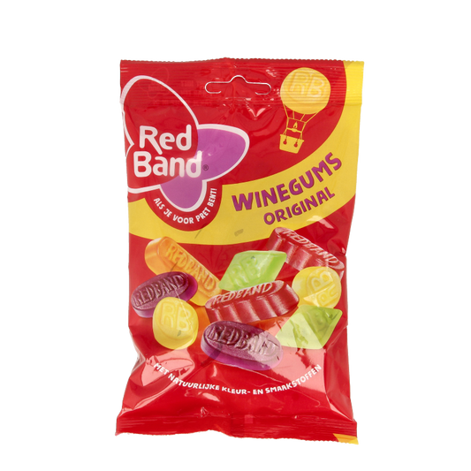 Red Band winegums in a 120 gram pack, colorful chewy snoepgoed with fruity flavors, shown in the image.