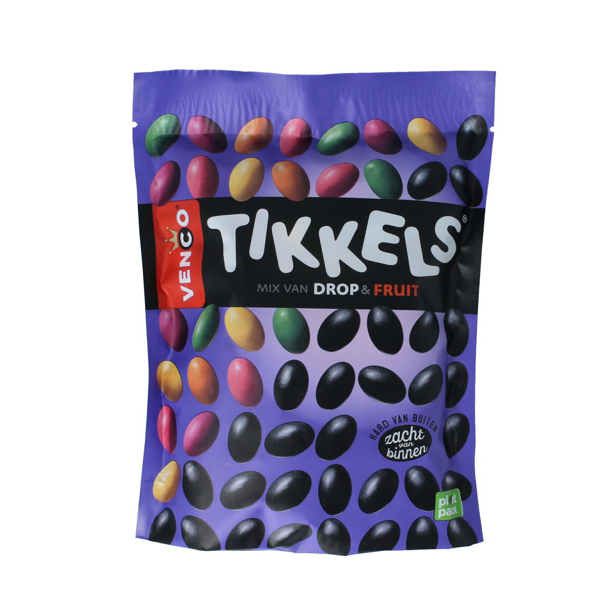 Venco Tikkels drop and fruit snoepgoed in 245g package, colorful candy with fruit flavors and assorted shapes.