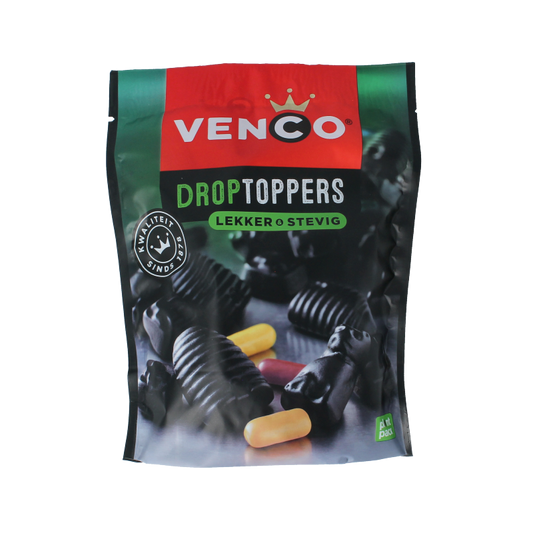 Venco Droptoppers lekker stevig candy in 225 gram package, colorful chewy snoepgoed with fruity flavors.