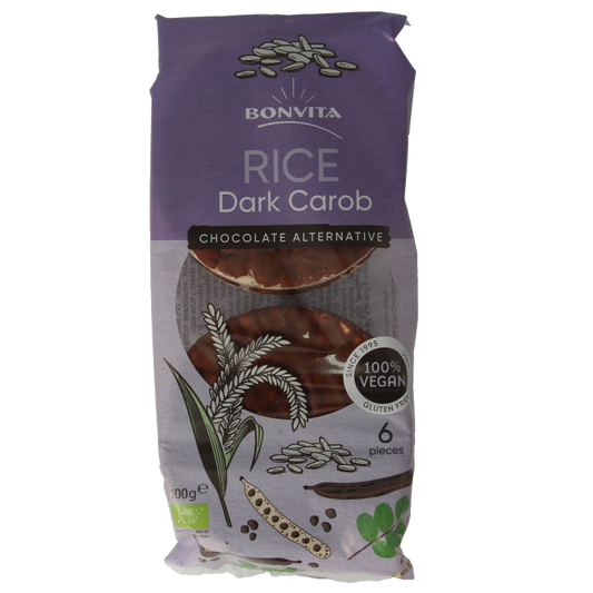 Bonvita organic pure carob rice cakes in a 100g package, crispy gluten-free crackers for healthy snacking.
