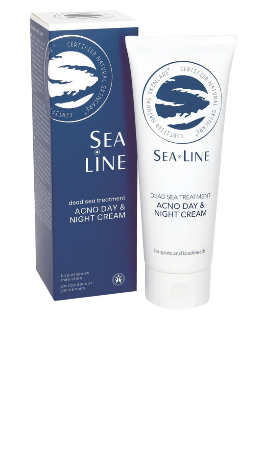 Sea-Line Acno Day & Night Cream 75ml, facial skincare product with white and blue packaging, designed for skin hydration and care.