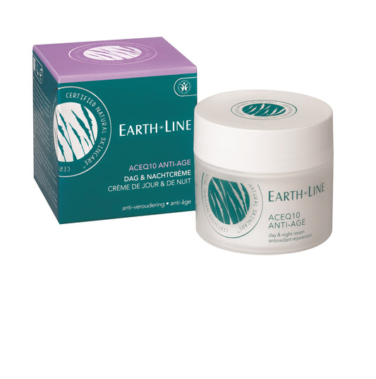Earth Line ACE Q10 anti-age day and night face cream in 50ml jar, with skincare ingredients and packaging visible.