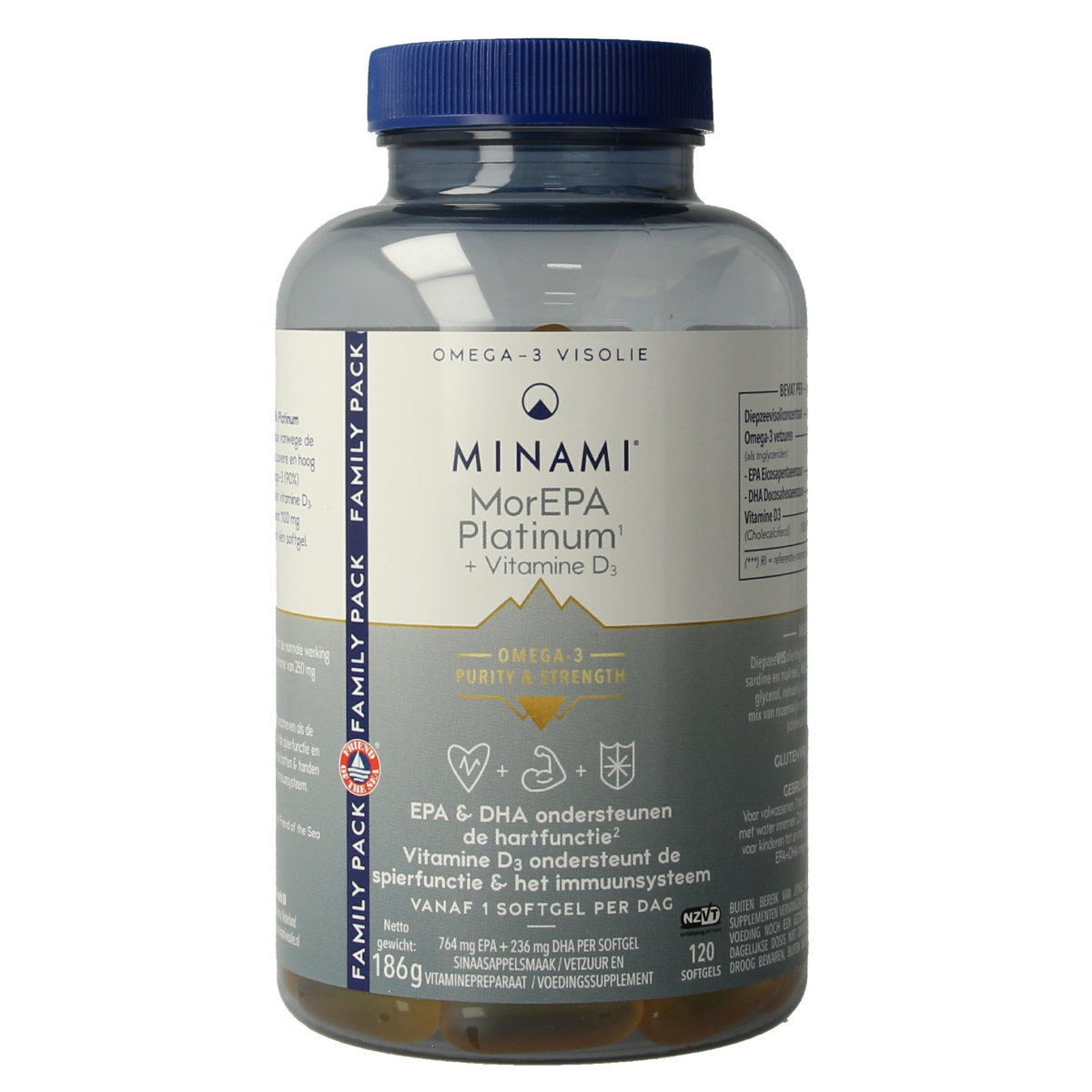 Minami MorEPA Platinum softgels with vitamin D3, omega-3 fatty acids supplement in a bottle, showing the softgel capsules.