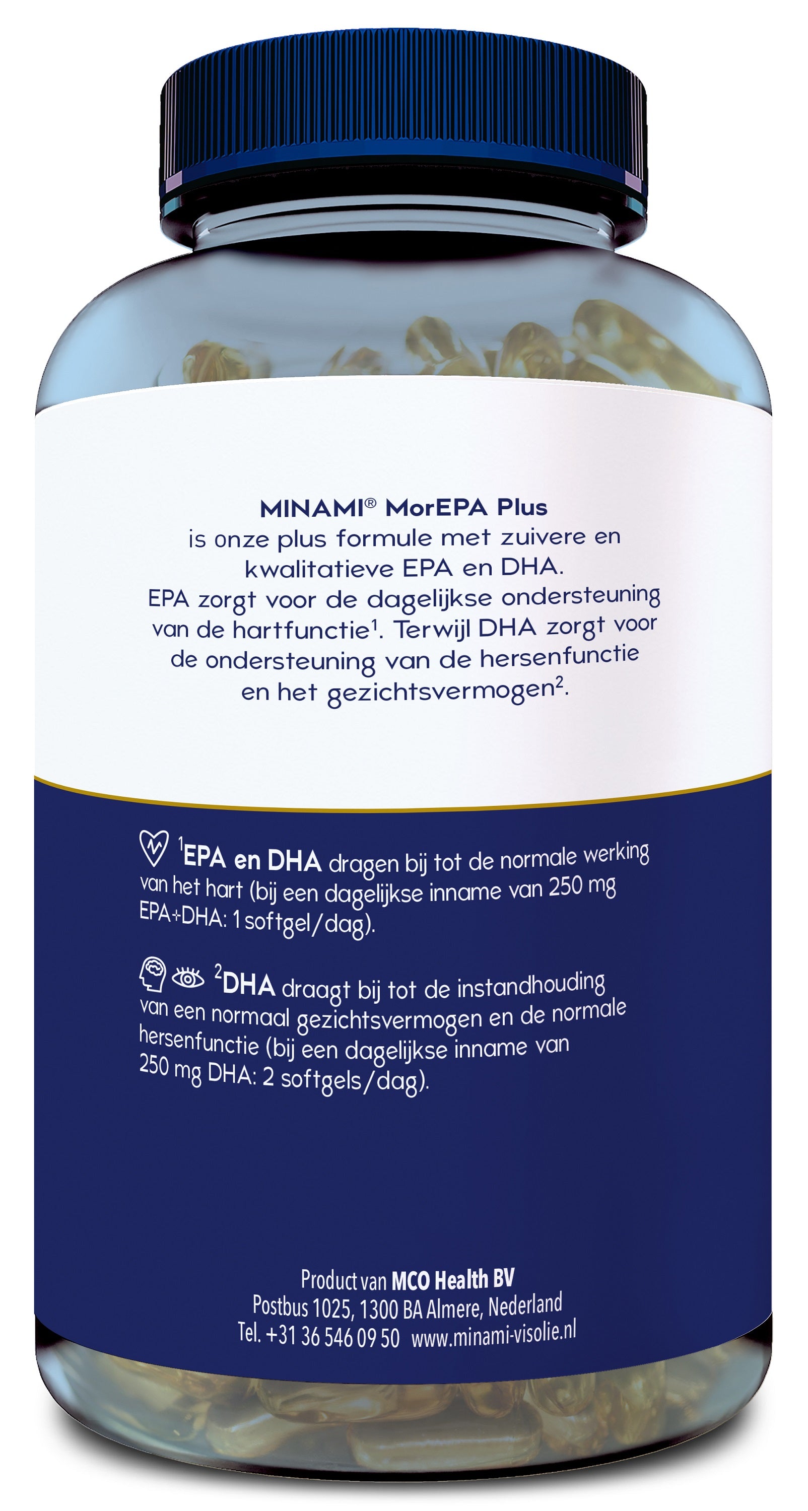 Minami MorEPA plus Vetzuren softgels, omega-3 supplement in clear bottles, with softgel capsules visible inside.
