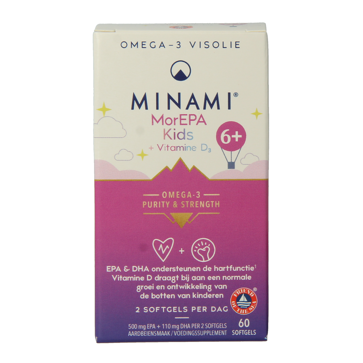 Minami MorEPA Kids + Vitamin D3 softgels, omega-3 fatty acids and vitamin D3 supplement for children, in a clear bottle.