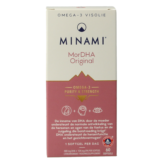 Minami MorDHA original softgels with lemon flavor, omega-3 fatty acids supplement, shown in a clear container with softgel capsules