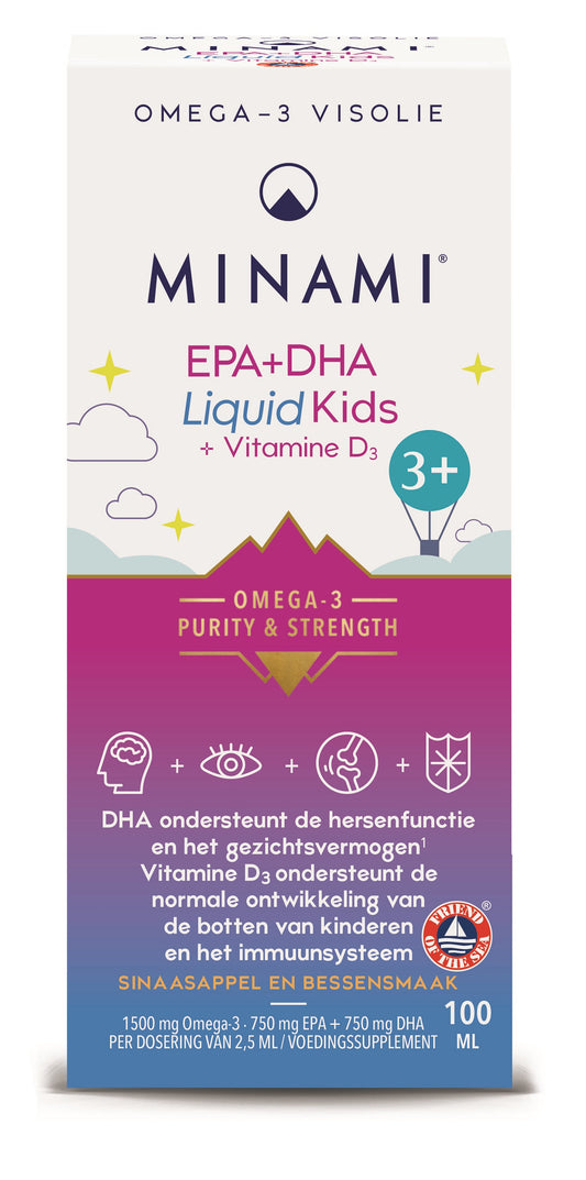 Minami EPA+DHA liquid for kids with vitamin D3, 100ml bottle, bright packaging, and dropper for easy dosing.
