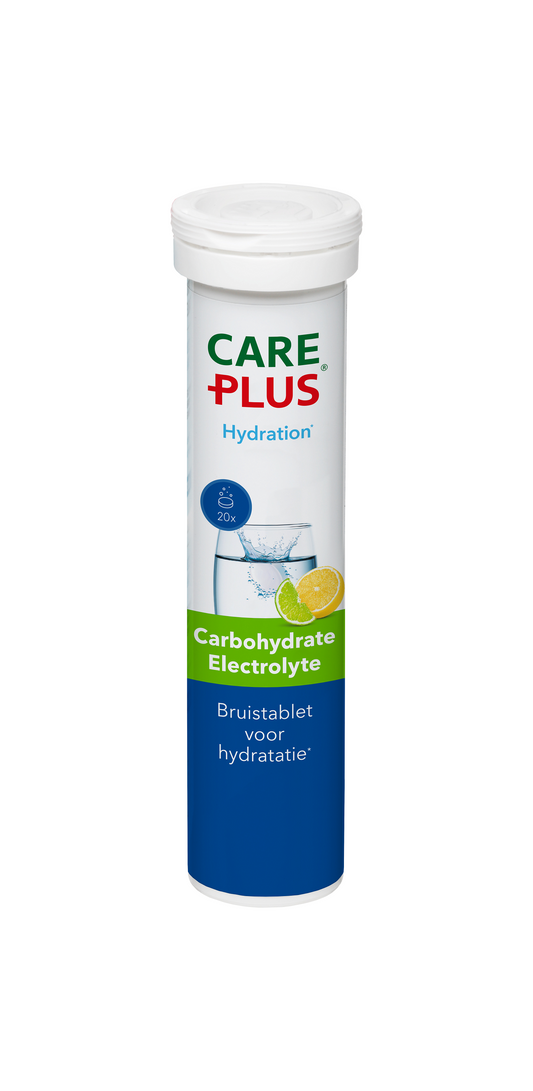 Care Plus Carbohydrate electrolyte lemon lime effervescent tablets, mineral supplement for hydration and energy.
