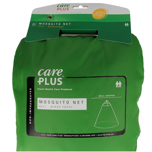 Care Plus mosquito net bell for two persons, midge-proof travel accessory, shown in white fabric with mesh sides.