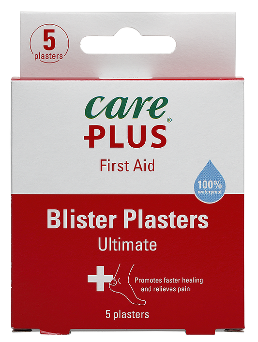 Care Plus Pleister Ultimate pack with five adhesive bandages and tape, shown in a close-up image.