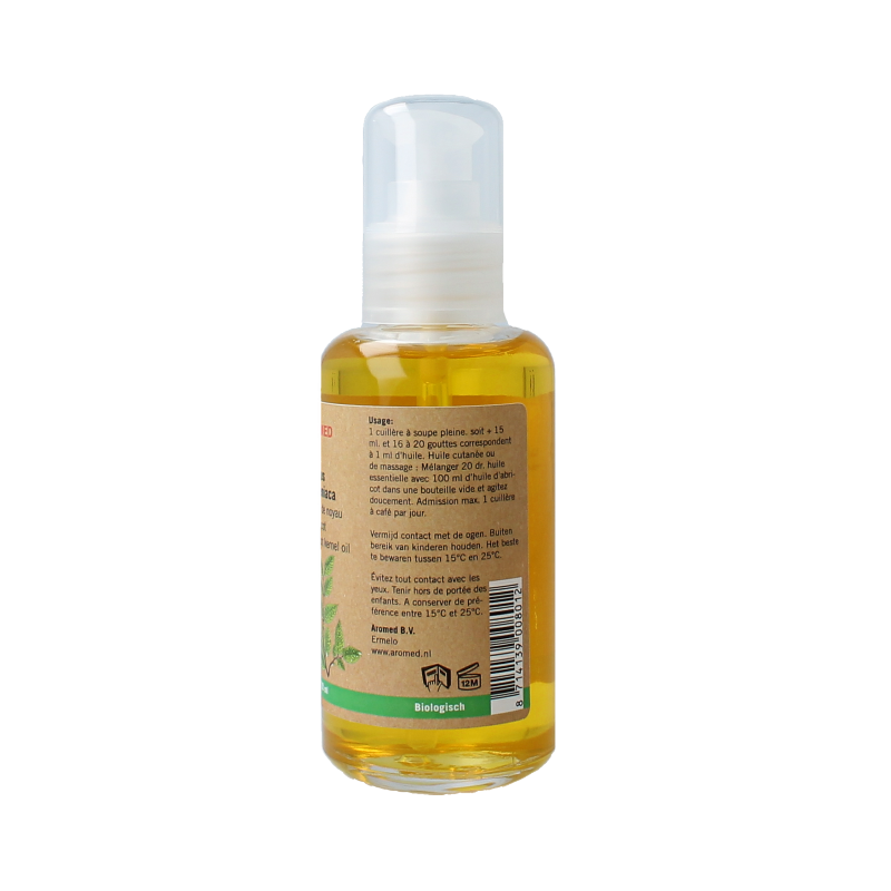 Organic Aromed apricot kernel oil bottle for body care, 100ml, natural skincare product with a clear label and dropper cap.