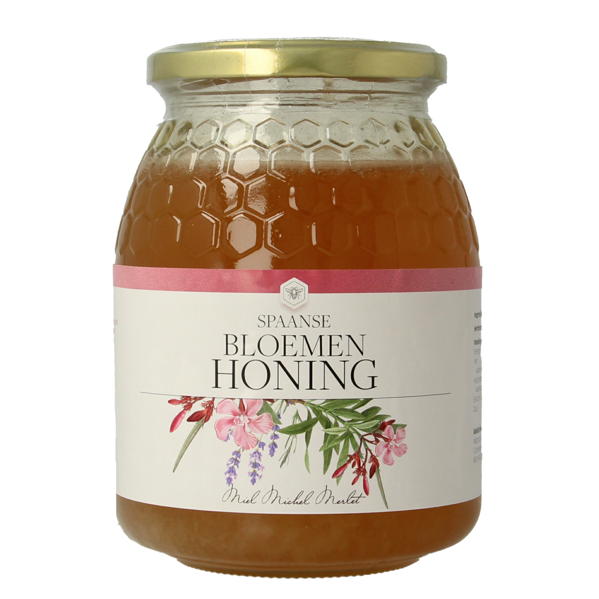 Michel Merlet Bloemenhoning Spaans 900g jar showing golden flower honey in a glass jar with a label.