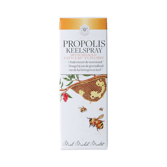 Michel Merlet Propolisspray with echinacea and tea tree essential oils in a 20ml bottle, natural herbal remedy product.