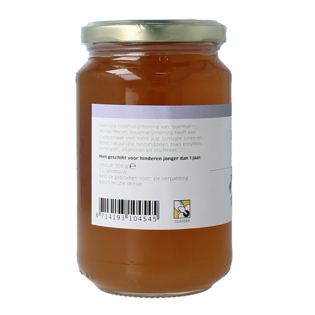 Michel Merlet Rozemarijn honing in a 500g jar, showing golden honey with rosemary infusion and a clear label.