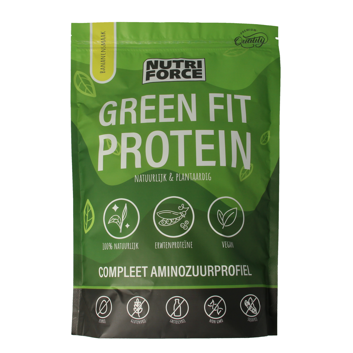 Nutriforce Green Fit Protein banaan sportvoeding container, 700g, with green label and scoop for muscle recovery and energy.