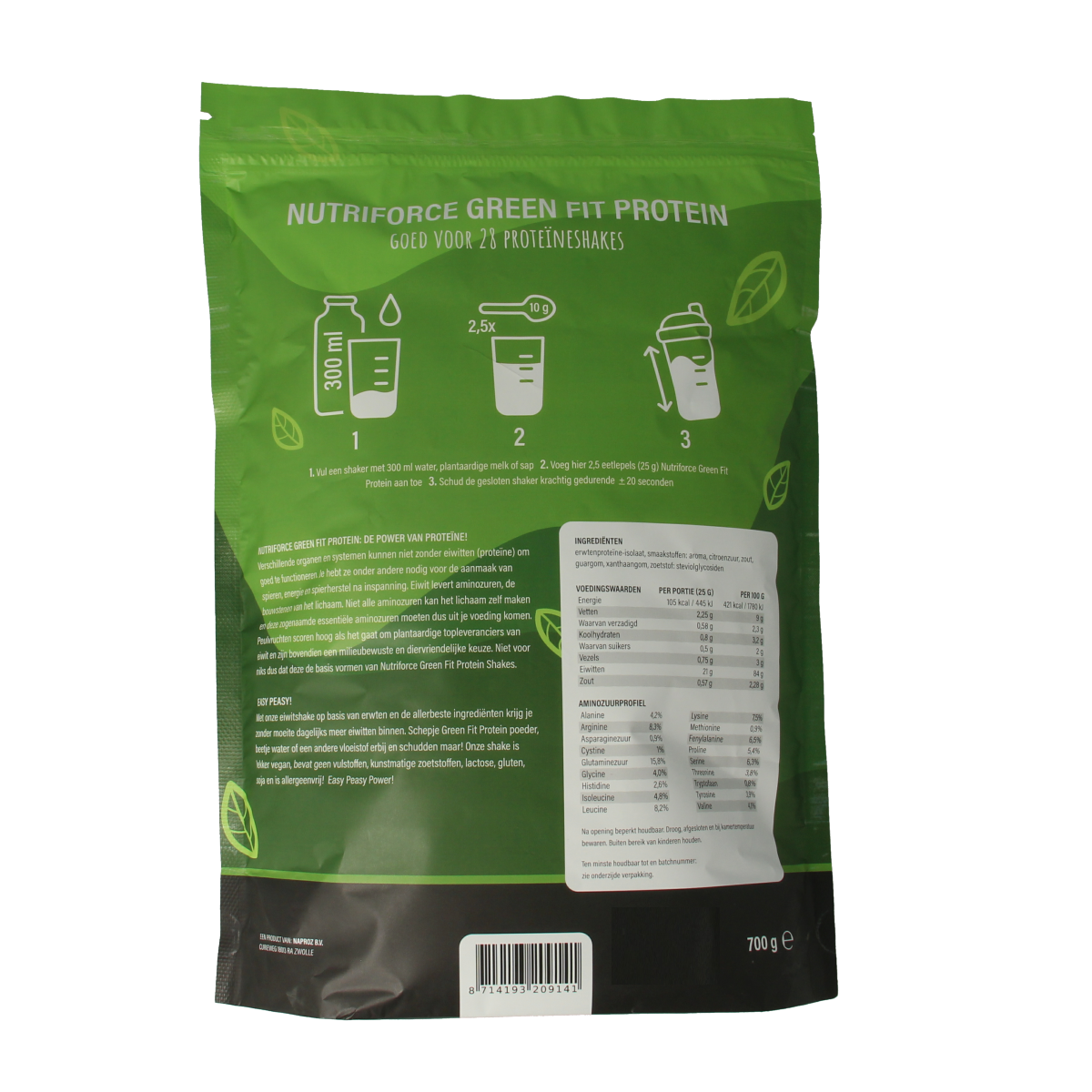 Nutriforce Green Fit Protein banaan sportvoeding container, 700g, with green label and scoop inside.