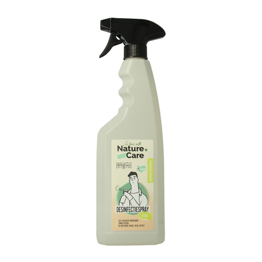 Nature Care Desinfectiespray 750ml bottle, disinfectant spray for cleaning and sanitizing surfaces, in a clear plastic container.