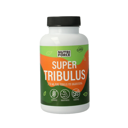 Nutriforce Super Tribulus Kruidenpreparaten capsules in a bottle, dietary supplement for natural health support.