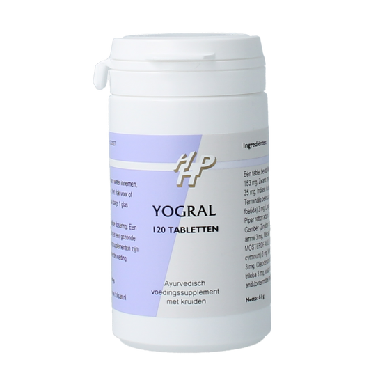 Holisan Yogral 120 tablets herbal supplement in a white bottle with label, showcasing the product's packaging and tablets.