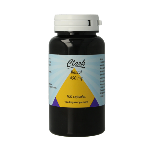 Clark Rascal 450mg herbal capsules, Kruidenpreparaten supplement in a clear bottle with 100 capsules, featuring the Clark brand label.